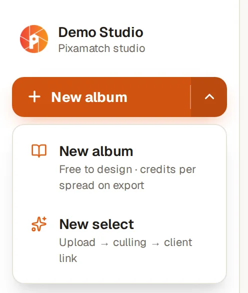 The New album arrow opens a menu with New select